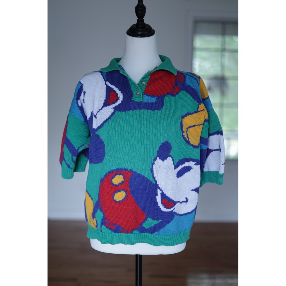 Vintage Mickey & Co J.G. Hook Knit Polo Sweater Mickey Mouse Color Block Green S